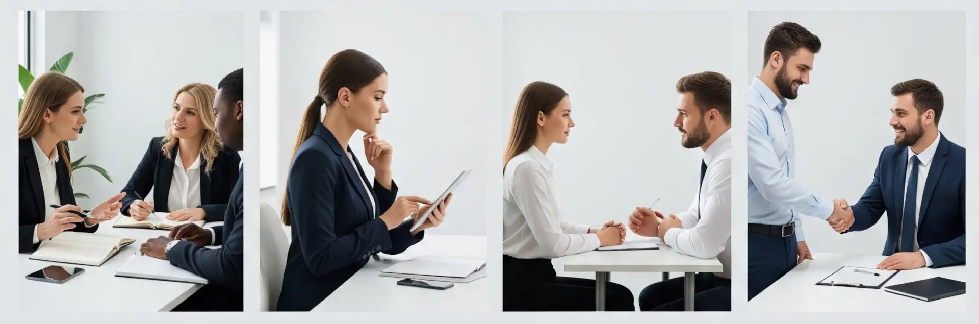 Illustration des Vermittlungsprozesses: Menschen in verschiedenen Posen vom Gespräch bis zum Vertragsabschluss