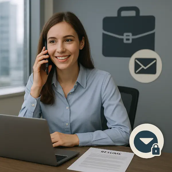 Eine zufriedene Fachkraft arbeitet an ihrem neuen Arbeitsplatz am Laptop